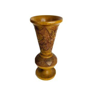 Vintage Wood Pedestal Vase Hand Carved Etched Tropical Floral Bird Detail 8.25"